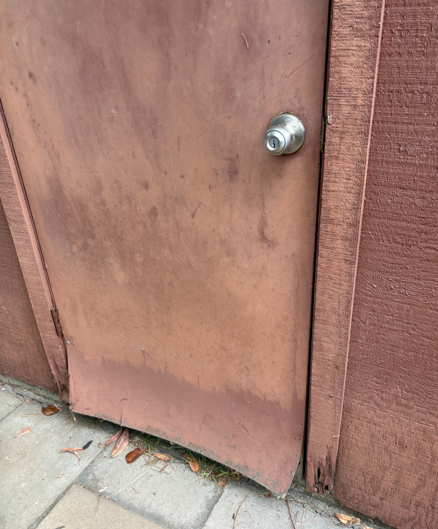 Weathered damaged door before wood repair